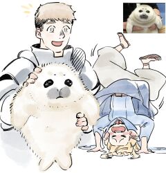 Rule 34 | 1boy, 1girl, 1other, animal, armor, belt, blonde hair, blue capelet, blue robe, capelet, closed eyes, dungeon meshi, elf, foolish potato, highres, holding, holding animal, laios touden, marcille breakdance (meme), marcille donato, meme, pants, plate armor, pointy ears, reference inset, robe, sandals, seal (animal), tears, white pants, yellow eyes