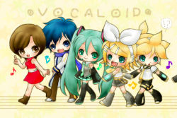 Rule 34 | 2boys, 3girls, :&lt;, :d, belt, blonde hair, blue eyes, blue hair, blush, boots, bow, brown eyes, brown hair, coat, copyright name, crop top, detached sleeves, fang, frown, hair bow, hair ornament, hairclip, hatsune miku, headphones, headset, holding hands, kagamine len, kagamine rin, kaito (vocaloid), kayano celica, leg warmers, long hair, meiko (vocaloid), multiple boys, multiple girls, musical note, neckerchief, necktie, open mouth, parted bangs, pleated skirt, ponytail, sailor collar, scarf, shirt, short hair, short sleeves, shorts, skirt, sleeveless, sleeveless shirt, smile, thigh boots, twintails, very long hair, vocaloid, walking