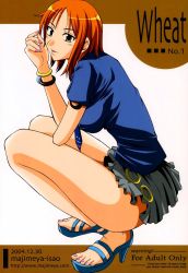 Rule 34 | 1girl, bangle, bracelet, brown eyes, cover, cover page, high heels, highres, isao, jewelry, legs, log pose, long legs, microskirt, nail polish, nami (one piece), necktie, one piece, open mouth, orange hair, sandals, shoes, short hair, skirt, solo, squatting, tattoo, thighs, toenail polish, toenails