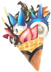 Rule 34 | animal focus, black eyes, blush stickers, chocolate, closed mouth, cream, creatures (company), crepe, dessert, food, food focus, from side, fruit, game freak, gen 4 pokemon, happy, highres, in food, mango, marker (medium), mofuo, nintendo, no humans, pachirisu, pokemon, pokemon (creature), profile, simple background, smile, solo, strawberry, traditional media, wafer stick, white background