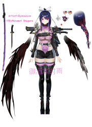 Rule 34 | 1girl, absurdres, arms at sides, artist name, black footwear, blue hair, boots, braid, braided ponytail, breasts, character request, closed mouth, copyright request, dagger, detached wings, full body, glasses, heart, heart-shaped eyewear, highleg, highleg leotard, highres, knee boots, knife, large breasts, latex, latex legwear, leotard, liyou-ryon, long hair, looking at viewer, multicolored hair, open fly, pink eyes, pink leotard, red hair, short shorts, shorts, simple background, solo, standing, sword, thighhighs, underboob, virtual youtuber, watermark, weapon, white background, wings, zipper