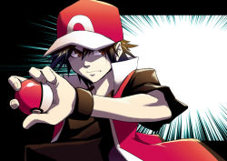 Rule 34 | 00s, 1boy, baseball cap, black hair, brown eyes, creatures (company), game freak, hat, holding, holding poke ball, jacket, letterboxed, male focus, nintendo, poke ball, pokemon, pokemon frlg, red (pokemon), sei jun, serious, solo, wristband