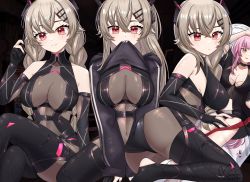 Rule 34 | absurdres, ass, black nails, bodysuit, braid, breasts, cleavage, clothes lift, dakimakura (object), gloves, grey hair, highres, hololive, hololive english, hood, hoodie, indie virtual youtuber, long hair, momoirokiss, mori calliope, mouth hold, nail polish, navel, partially fingerless gloves, pillow, pink hair, red eyes, saruei (vtuber), scar, scar across eye, see-through, shirt lift, single braid, smile, twin braids, virtual youtuber