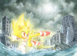 Rule 34 | 1boy, city, cloud, cloudy sky, destroyed, finik, flying, furry, furry male, gloves, grey sky, highres, outdoors, shoes, sky, solo, sonic (series), sonic adventure, sonic the hedgehog, super sonic, water, white gloves