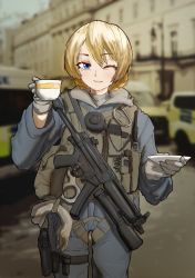 Rule 34 | 1girl, absurdres, alternate costume, blue eyes, blurry, blurry background, braid, carabiner, collaboration, commentary, commission, cup, darjeeling (girls und panzer), english commentary, french braid, girls und panzer, gloves, unworn gloves, grey gloves, gun, h&amp;k mp5, handgun, highres, holding, holding cup, holster, houshou8, load bearing vest, looking at viewer, medium hair, one eye closed, overalls, photo background, saucer, smile, solo, submachine gun, teacup, thigh holster, van duck iii, weapon