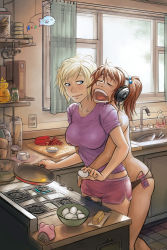 Rule 34 | 2girls, bell pepper, bell pepper slice, blonde hair, blue eyes, breakfast, breasts, brown hair, butter, closed eyes, collarbone, commentary, commission, cookie, cooking, curtains, cutting board, digital media player, dishes, drooling, egg, electrical outlet, food, frying pan, grabbing, grabbing another&#039;s breast, grabbing from behind, hair bobbles, hair ornament, headphones, highres, in panties, indoors, jar, kitchen, large breasts, messy hair, multiple girls, onion, open mouth, original, pepper, psuede, saliva, shirt, shorts, sink, sleepy, stove, t-shirt, topless, window, yawning, yuri