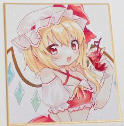 Rule 34 | 1girl, :d, alternate costume, blonde hair, commentary request, crystal, cup, eyes visible through hair, flandre scarlet, hand up, hat, highres, holding, holding cup, medium hair, mob cap, moni monico, open mouth, red eyes, smile, solo, touhou, traditional media, wings