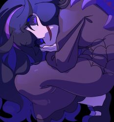 Rule 34 | 1girl, @ @, bent over, black eyes, black footwear, black hair, creatures (company), dress, eyes visible through hair, game freak, hairband, hex maniac (pokemon), highres, long hair, long sleeves, looking at viewer, mary janes, nintendo, omochi (omotimotittona3), open mouth, pokemon, pokemon xy, purple dress, purple hairband, shoes, smile, solo, squatting, tiptoes