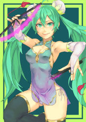 Rule 34 | 1girl, ahoge, aqua eyes, aqua hair, armpits, bare shoulders, black thighhighs, breasts, bridal gauntlets, china dress, chinese clothes, cleavage, double bun, dress, dual wielding, folded fan, folding fan, hair bun, hand fan, hatsune miku, holding, leg up, long hair, medium breasts, panties, side-tie panties, side slit, smile, solo, thighhighs, twintails, underwear, very long hair, vocaloid, yuuji (and)