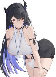 Rule 34 | 1girl, absurdres, arm under breasts, asymmetrical horns, bent over, bespectacled, black choker, black skirt, breasts, choker, chyraliss, demon horns, glasses, heart, heart-shaped pupils, highres, hololive, hololive english, horns, id card, lanyard, large breasts, nerissa ravencroft, nerissa ravencroft (1st costume), office lady, parted lips, pencil skirt, red eyes, simple background, skirt, solo, symbol-shaped pupils, thigh strap, thighs, virtual youtuber, white background