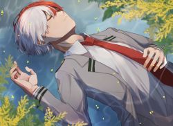 Rule 34 | 1boy, boku no hero academia, burn scar, closed mouth, collared shirt, commentary request, grey hair, grey shirt, hair between eyes, highres, in water, long sleeves, lying, male focus, miyanami 3, multicolored hair, necktie, on back, red hair, red necktie, scar, scar on face, shirt, solo, todoroki shouto, two-tone hair, upper body, white shirt