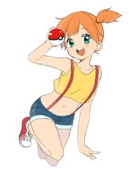 Rule 34 | 1girl, :d, aqua eyes, asymmetrical hair, bare arms, bare shoulders, blue shorts, blush, breasts, creatures (company), crop top, denim, denim shorts, female focus, full body, game freak, green eyes, holding, holding poke ball, looking at viewer, midriff, misty (pokemon), navel, nintendo, open mouth, orange hair, poke ball, pokemon, pokemon (anime), ponytail, red footwear, shirt, shoes, short hair, short shorts, shorts, side ponytail, simple background, sleeveless, smile, sneakers, solo, suspenders, tank top, teeth, white background