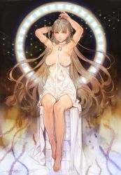 Rule 34 | 1girl, absurdres, anklet, armband, armpits, arms up, art nouveau, babydoll, barefoot, blonde hair, blue eyes, breasts, brown hair, chain, commentary, dated, dress, earrings, green eyes, halo, highres, jewelry, legs, lips, long hair, looking at viewer, ooyari ashito, original, signature, sitting, solo, symbolism, very long hair, white dress