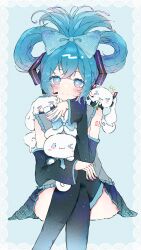 Rule 34 | &gt; &lt;, 1girl, absurdres, aqua eyes, aqua hair, aqua nails, blue bow, blush, bow, cinnamiku, cinnamoroll, closed mouth, commentary, folded twintails, fuwa fuwa cinnamoroll, hair between eyes, hair bow, hair ornament, hairclip, hand up, hashtag-only commentary, hatsune miku, highres, intoru 4, long hair, looking at viewer, one eye closed, sanrio, shirt, simple background, sitting, sleeveless, sleeveless shirt, smile, solo, spring onion, thighhighs, tied ears, twintails, vocaloid, white background, zettai ryouiki