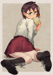Rule 34 | 1girl, banned artist, bare legs, black hair, blue-framed eyewear, book, boots, brown hair, cross-laced footwear, dress shirt, from behind, glasses, green eyes, grey background, highres, kantai collection, lace-up boots, looking back, makio (makiomeigenbot), multicolored hair, okinami (kancolle), pantyhose, pink hair, pleated skirt, purple skirt, school uniform, shirt, short hair, simple background, sitting, skirt, solo, wariza, white pantyhose, white shirt