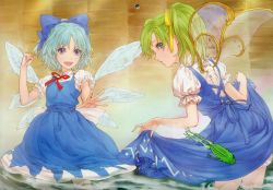 Rule 34 | 2girls, absurdres, blue dress, blue eyes, blue hair, bow, cirno, clothes lift, daiyousei, dress, egawa satsuki, fairy, fairy wings, frog, green hair, hair ribbon, highres, ice, ice wings, looking at viewer, multiple girls, open mouth, puffy sleeves, ribbon, scan, shirt, short hair, short sleeves, side ponytail, skirt, skirt lift, smile, touhou, vest, wading, water, white shirt, wings