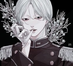 Rule 34 | 1boy, biting, black background, black eyes, branch, brown jacket, brunia (plant), buttons, epaulettes, glove biting, gloves, hand up, high collar, highres, jacket, kagoya1219, long sleeves, looking at viewer, male focus, military, military uniform, original, parted lips, personification, portrait, short hair, signature, solo, uniform, upper body, white gloves, white hair