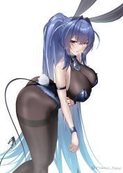 Rule 34 | 1girl, animal ears, arm strap, arm under breasts, azur lane, bare shoulders, blue eyes, blue hair, blue leotard, blush, bodystocking, breasts, breath, bunny day, fake animal ears, fake tail, from side, hair between eyes, hair intakes, hand on own arm, highleg, highleg leotard, highres, irkawaza, large breasts, leaning forward, leotard, long hair, looking at viewer, necktie, new jersey (azur lane), new jersey (exhilarating steps!) (azur lane), official alternate costume, parted lips, playboy bunny, ponytail, rabbit ears, rabbit tail, short necktie, solo, strapless, strapless leotard, tail, thighs, twitter username, very long hair, wristband