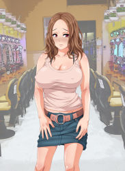 Rule 34 | 1girl, bare shoulders, belt, blush, breasts, brown hair, chair, cleavage, embarrassed, covered erect nipples, female focus, highres, indoors, large breasts, long hair, pachinko, red eyes, skirt, solo, standing
