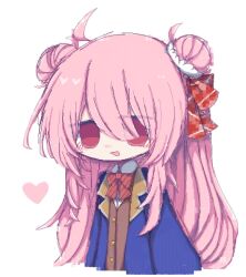 Rule 34 | 1girl, ahoge, blue jacket, bow, bowtie, double bun, hair bun, happy sugar life, highres, jacket, long hair, long sleeves, looking at viewer, marutan01, matsuzaka satou, open mouth, pink eyes, pink hair, red bow, red bowtie, smile, solo, very long hair