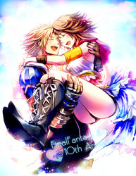 Rule 34 | 00s, 1boy, 1girl, black shorts, blonde hair, blush, boots, brown hair, carrying, closed eyes, couple, final fantasy, final fantasy x, final fantasy x-2, gloves, happy, hetero, knee boots, open mouth, princess carry, ria (rilpoppo), short hair, shorts, smile, tidus, yuna, yuna (ff10)