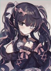 Rule 34 | 1girl, black bow, black eyes, black hair, bow, clenched hand, crying, crying with eyes open, grey eyes, hair bow, hair ornament, hairclip, hand up, heterochromia, highres, long hair, long sleeves, mogmogyasai, multicolored hair, original, piercing, pink bow, smile, streaked hair, tears, twintails, upper body, white bow