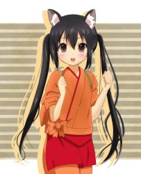 Rule 34 | 1girl, animal ears, bad hands, bad id, bad pixiv id, black hair, brown hair, cat ears, clenched hands, cosplay, hanasaku iroha, highres, japanese clothes, k-on!, long hair, looking at viewer, md5 mismatch, nakano azusa, open mouth, round teeth, ryoutan, solo, teeth, twintails