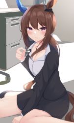 Rule 34 | 1girl, absurdres, admire vega (umamusume), animal ears, blush, breasts, brown hair, cabinet, cleavage, commentary request, highres, horse ears, horse girl, horse tail, indoors, long hair, long sleeves, looking at viewer, office lady, ponytail, purple eyes, sitting, solo, tail, umamusume, wariza, zeatto