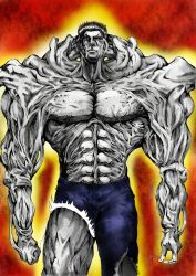 Rule 34 | 1boy, blastbeat, colored skin, extreme muscles, gradient background, grey skin, male focus, muscular, partially colored, solo, toguro otouto, torn clothes, yuu yuu hakusho