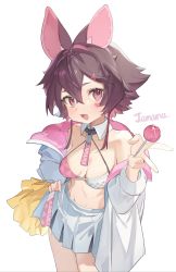 Rule 34 | 1girl, animal ears, bare shoulders, breasts, brown hair, candy, cheerleader, denpa noise, detached collar, food, hand on own hip, highres, lollipop, looking at viewer, medium breasts, off-shoulder jacket, off shoulder, open mouth, pink hair, short hair, simple background, smile, solo, white background