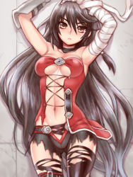 Rule 34 | 1girl, armpits, arms up, bad id, bad pixiv id, bandaged arm, bandages, black hair, black neckwear, black thighhighs, breasts, brown eyes, choker, expressionless, folks (nabokof), gradient background, long hair, short shorts, shorts, solo, tales of (series), tales of berseria, thighhighs, torn clothes, torn thighhighs, underboob, velvet crowe, very long hair