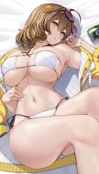 Rule 34 | 1girl, absurdres, ahoge, anis (nikke), anis (sparkling summer) (nikke), bed sheet, bikini, breasts, brown eyes, brown hair, can, cleavage, collarbone, drink can, eyepatch bikini, eyewear on head, goddess of victory: nikke, highres, jacket, large breasts, lying, navel, off shoulder, official alternate costume, on back, parted lips, rikiddo (tise 00), short hair, soda can, solo, spill, stomach, sunglasses, swimsuit, thighs, underboob, white bikini, yellow jacket