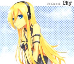 Rule 34 | 1girl, ama mikan, bad id, bad pixiv id, blonde hair, blue eyes, cable, female focus, headphones, highres, lily (vocaloid), long hair, sky, smile, solo, vocaloid