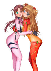 Rule 34 | 10s, 2girls, :&gt;, :d, ;d, aqua eyes, ass, blue eyes, blush, bodysuit, bracer, breast press, brown hair, butt crack, cheek-to-cheek, denhijou niki, evangelion: 3.0 you can (not) redo, eyepatch, from side, glasses, gloves, green eyes, hair between eyes, hair tie, hairband, hairpods, happy, head tilt, headgear, heads together, highres, hug, interface headset, kneepits, leaning forward, light smile, long hair, looking at viewer, looking back, low twintails, makinami mari illustrious, multicolored clothes, multiple girls, neon genesis evangelion, one eye closed, open mouth, parted bangs, pilot suit, plugsuit, purple hair, rebuild of evangelion, red-framed eyewear, see-through, simple background, skin tight, smile, souryuu asuka langley, standing, symmetrical docking, test plugsuit, turtleneck, twintails, two side up, white background, wink, yuri