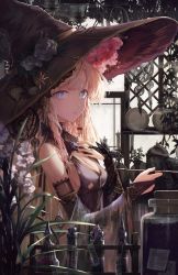 Rule 34 | 1girl, absurdres, black ribbon, blonde hair, blue eyes, bottle, braid, breasts, bridal gauntlets, flower, from side, hair ribbon, hat, highres, kanashi kumo, long hair, looking at viewer, original, potion, ribbon, sideboob, sidelocks, small breasts, smoke, smoking pipe, solo, sticky note, tag, witch hat