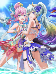 Rule 34 | 2girls, :d, armpits, ass, asymmetrical horns, bare shoulders, bikini, black bikini, black tail, blue eyes, blue hair, blue sky, blush, bright pupils, commentary, day, fang, gradient hair, hair bun, highres, holding hands, honkai (series), honkai impact 3rd, horns, liliya olenyeva, long hair, looking at viewer, md5 mismatch, multicolored hair, multicolored nails, multiple girls, nail polish, open mouth, outdoors, pink hair, ponnyu12, purple hair, resolution mismatch, rozaliya olenyeva, sarong, see-through, siblings, single hair bun, single horn, sisters, skin fang, sky, smile, source smaller, starfish hair ornament, swimsuit, thick eyebrows, twins, twintails, uneven horns, very long hair, wading, water, white bikini, white tail