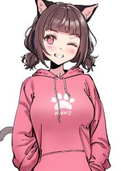 Rule 34 | 1girl, ame (uten cancel), animal ear fluff, animal ears, blush, brown hair, cat ears, cat girl, cat tail, hands in pockets, highres, hood, hoodie, kmnz, looking at viewer, mc liz, one eye closed, pink eyes, simple background, smile, standing, tail, teeth, virtual youtuber, white background
