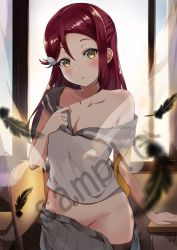 Rule 34 | 1girl, bad id, bad pixiv id, black feathers, blurry, blurry foreground, blush, breasts, chair, classroom, cleavage, collarbone, curtains, desk, feathers, grey shirt, grey skirt, groin, hair between eyes, hair ornament, hairclip, highres, indoors, long hair, looking at viewer, love live!, love live! sunshine!!, medium breasts, mia (fai1510), midriff, navel, off shoulder, open clothes, open mouth, open skirt, pleated skirt, sakurauchi riko, sample watermark, school uniform, shirt, skirt, solo, standing, stomach, uranohoshi school uniform, watermark, yellow eyes