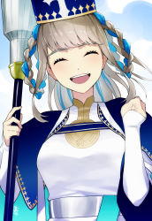Rule 34 | 1girl, absurdres, blue hair, blush, braid, braided hair rings, breasts, closed eyes, dress, fate/grand order, fate (series), grey hair, hair rings, hat, highres, long hair, long sleeves, medium breasts, mitre, multicolored hair, open mouth, pope joan (fate), sidelocks, smile, solo, staff, tochi keisuke, twin braids, two-tone hair, white dress