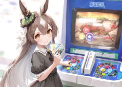 Rule 34 | 1girl, aged down, amanun, animal ears, arcade, beetle, blurry, blurry background, brand name imitation, brown hair, bug, card (medium), casual, closed mouth, commentary request, hair ornament, highres, holding, horse ears, horse girl, insect, long hair, mushiking, satono diamond (umamusume), sega, smile, umamusume, white background, yellow eyes