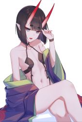 Rule 34 | 1girl, absurdres, bare shoulders, black hair, bob cut, breasts, crossed legs, eyeliner, fate/grand order, fate (series), highres, horns, japanese clothes, kimono, looking at viewer, makeup, nail polish, navel, oni, open clothes, open kimono, open mouth, pointy ears, purple eyes, purple kimono, red nails, revealing clothes, sawarineko, short eyebrows, short hair, shuten douji (fate), simple background, sitting, skin-covered horns, small breasts, smile, solo, white background, wristband