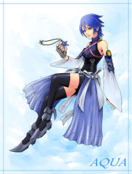 Rule 34 | 1girl, aqua (kingdom hearts), bare shoulders, black thighhighs, blue eyes, blue hair, breasts, closed mouth, detached sleeves, fingerless gloves, gloves, kingdom hearts, kingdom hearts birth by sleep, looking at viewer, medium breasts, short hair, sleeveless, smile, solo, thighhighs, turtleneck