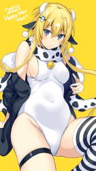 Rule 34 | 1girl, absurdres, animal ears, animal print, bell, blonde hair, commentary request, covered navel, cow horns, cowbell, fur-trimmed jacket, fur trim, hair ornament, highres, horns, jacket, kurebayashi noe, leotard, looking at viewer, multicolored eyes, off-shoulder jacket, off shoulder, open clothes, open jacket, original, scarf, simple background, single thighhigh, sitting, solo, thigh strap, thighhighs, two-tone legwear, white leotard, yellow background