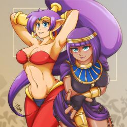 Rule 34 | 2girls, aqua eyes, armpits, arms behind head, artist name, blue eyes, breasts, capcom, cleavage, crossover, egyptian clothes, hamhening, highres, large breasts, legs, long hair, looking at viewer, menat, midriff, multiple girls, navel, o-ring, o-ring top, pants, pointy ears, ponytail, purple hair, shantae, shantae (series), short hair, smile, street fighter, thighs