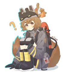 Rule 34 | 1girl, ?, arknights, artist name, binoculars, black footwear, black gloves, black jacket, blush, boots, brown eyes, brown hair, brown tail, canister, chinese commentary, closed mouth, commentary request, drop shadow, firefighter jacket, full body, gloves, highres, jacket, knee boots, knee pads, looking at viewer, procreate (medium), shaw (arknights), short hair, signature, simple background, sitting, sleeves past wrists, solo, split mouth, strap, stuffed animal, stuffed toy, tail, white background, yonghu7371704735 (wiliam)