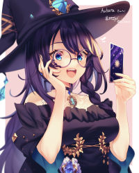 Rule 34 | 1girl, :d, absurdres, ashara (vtuber), blue eyes, blurry, border, braid, breasts, card, character name, choker, commentary request, commission, depth of field, diamond (gemstone), dress, gem, glasses, hands up, happy, hat, hat ornament, highres, holding, holding card, indie virtual youtuber, jewelry, long hair, looking at viewer, notice lines, off-shoulder dress, off shoulder, open mouth, outside border, pendant choker, print dress, purple-framed eyewear, purple choker, purple dress, purple hat, ring, round eyewear, short sleeves, skeb commission, smile, solo, sparkle print, teeth, twitter username, upper body, upper teeth only, virtual youtuber, white border, witch, witch hat, zero-go
