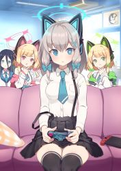 Rule 34 | 4girls, animal ear headphones, animal ears, aris (blue archive), bad id, bad pixiv id, black hair, black skirt, blonde hair, blue archive, blue bow, blue eyes, blue necktie, bow, breasts, cat ear headphones, ceiling light, closed mouth, collared shirt, commentary request, controller, couch, dress shirt, fake animal ears, game controller, goyain, green eyes, grey hair, hair bow, halo, headphones, highres, holding, indoors, jacket, long hair, matching hairstyle, medium breasts, midori (blue archive), momoi (blue archive), multiple girls, necktie, nintendo switch, off shoulder, on couch, open clothes, open jacket, parted lips, plant, pleated skirt, potted plant, red eyes, shiroko (blue archive), shirt, siblings, sidelocks, sisters, sitting, skirt, suspender skirt, suspenders, suspenders slip, v-shaped eyebrows, white jacket, white shirt, window