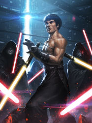Rule 34 | 1boy, ameeeeba, ameen naksewee, black hair, bruce lee, crossover, energy sword, epic, highres, holding lightsaber, jedi, lens flare, lightsaber, male focus, manly, mask, muscular, nunchaku, parody, real life, realistic, red lightsaber, science fiction, short hair, sith, solo focus, star wars, sword, veins, weapon, yellow lightsaber