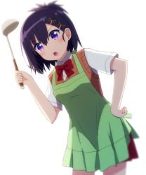 Rule 34 | &gt;:o, 10s, 1girl, :o, apron, asymmetrical bangs, bow, cardigan vest, collared shirt, cowboy shot, dutch angle, gabriel dropout, goribote, green apron, hair between eyes, hair ornament, hairclip, hand on own hip, ladle, open mouth, purple eyes, purple hair, school uniform, shirt, short sleeves, solo, v-shaped eyebrows, vignette tsukinose april, white background, white shirt, x hair ornament