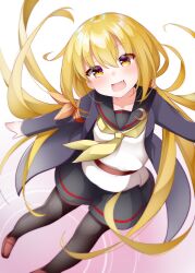Rule 34 | 1girl, black thighhighs, blonde hair, collarbone, commentary request, crescent, crescent pin, fang, highres, kantai collection, kirigakure (kirigakure tantei jimusho), long hair, long sleeves, satsuki (kancolle), satsuki kai ni (kancolle), school uniform, serafuku, solo, thighhighs, twintails, yellow eyes